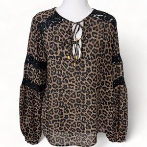 Michael Kors Leopard Lace Embellished V-Neck Tie Front Long Sleeve Blouse (S)